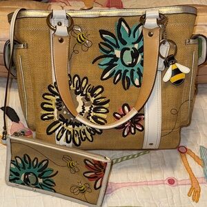 Coach Limited Edition Burlap Embroidered Bee Tote and Wristlet Set